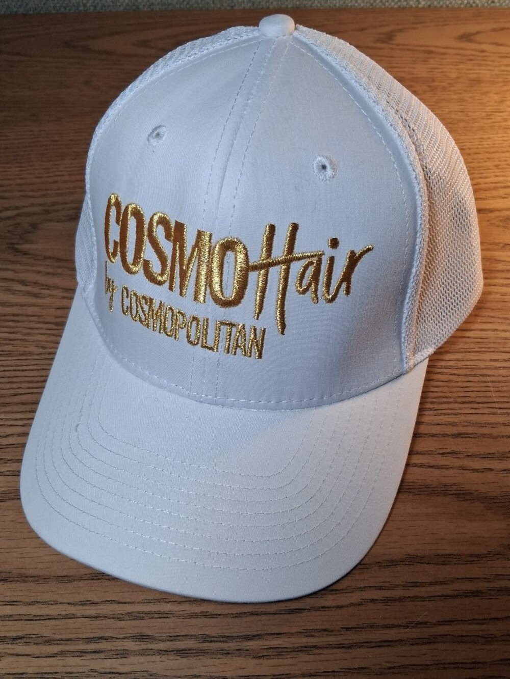 CosmoHair by Cosmopolitan Ballcap White Snapback Gold Trucker Hat Baseball Cap